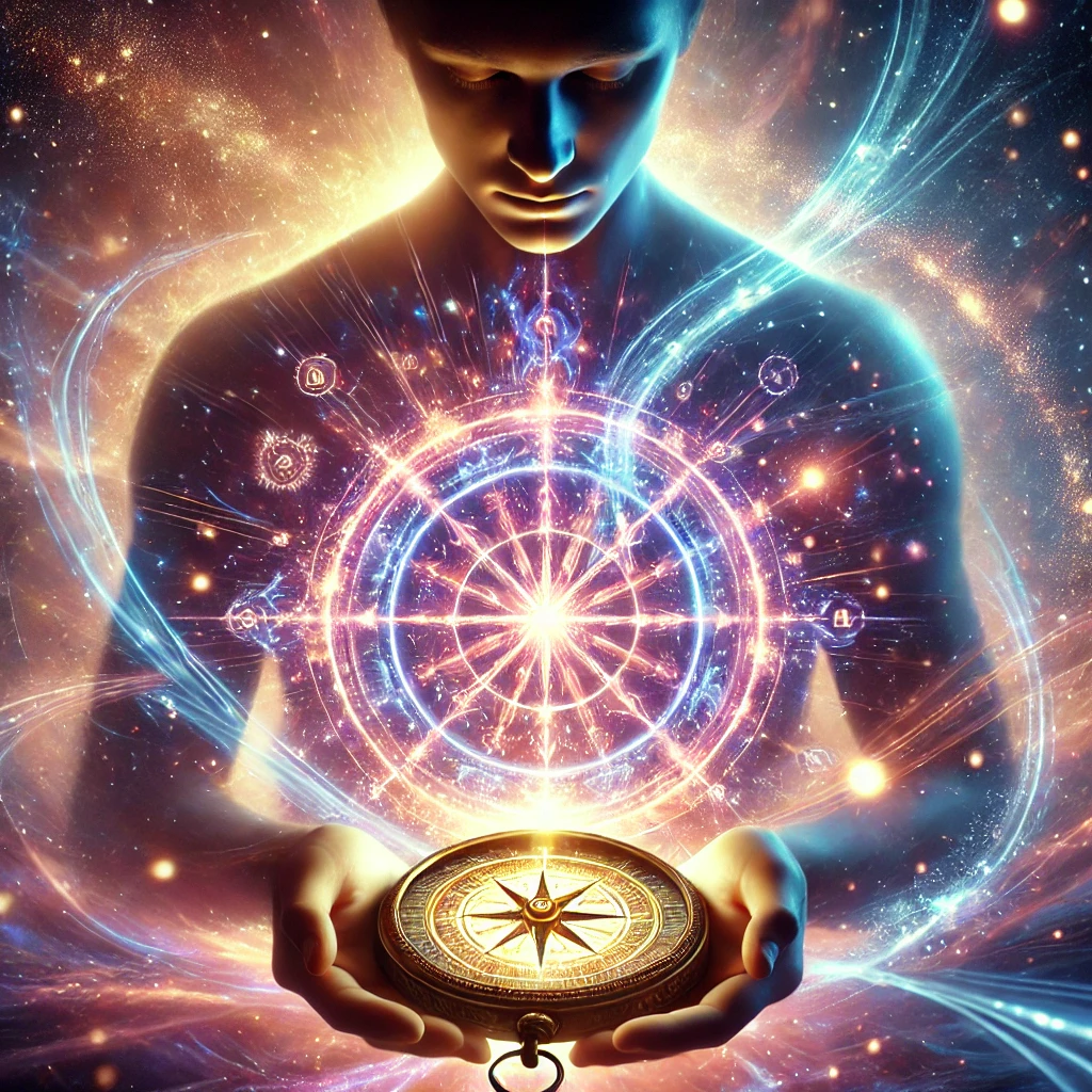 A glowing compass radiating energy, surrounded by swirling light and symbols