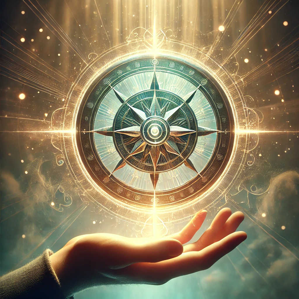 A glowing compass emitting beams of light, illuminating three distinct paths