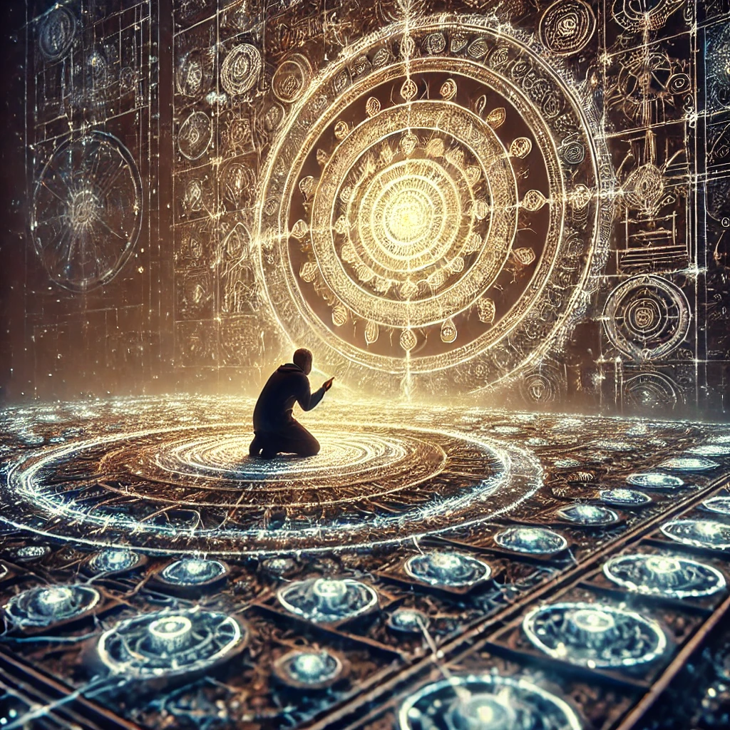A glowing compass surrounded by shifting glyphs and fractal patterns
