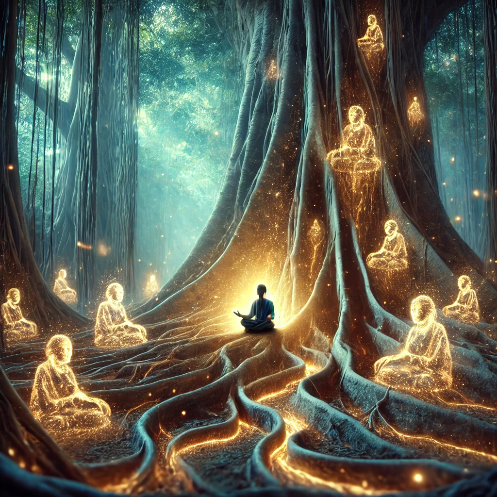 A glowing tree with pulsating roots and faint outlines of ancestral spirits in the background