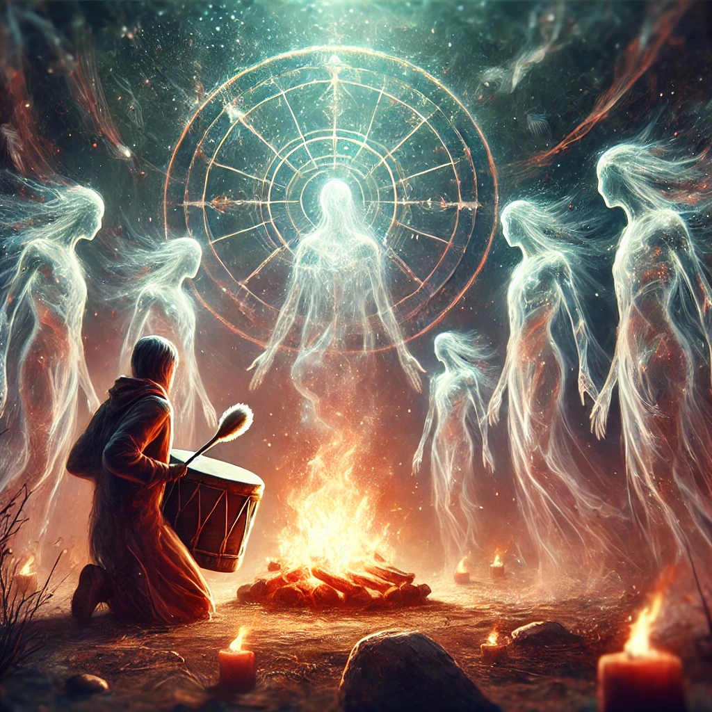 Ethereal spirits encircling a glowing fire in a sacred clearing