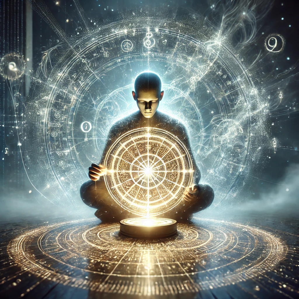 A glowing compass with threads of light branching outward, connecting to the surrounding world