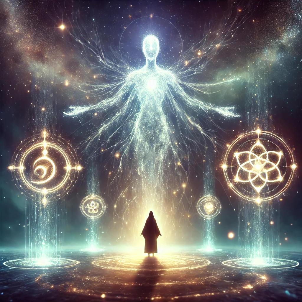 A glowing figure surrounded by three pulsating symbols of light in a dark, mystical space
