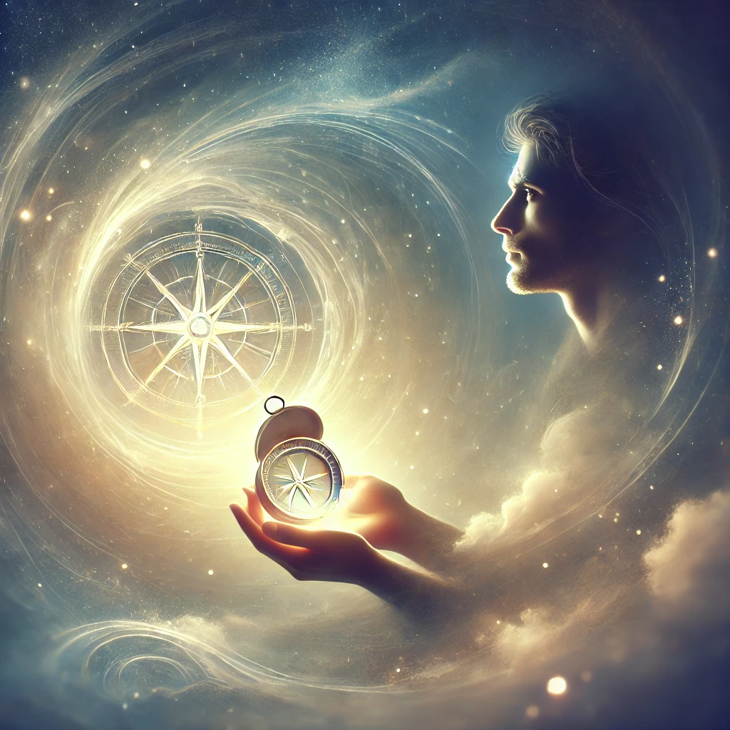 A glowing figure surrounded by swirling light, ready to listen as a seeker speaks their questions
