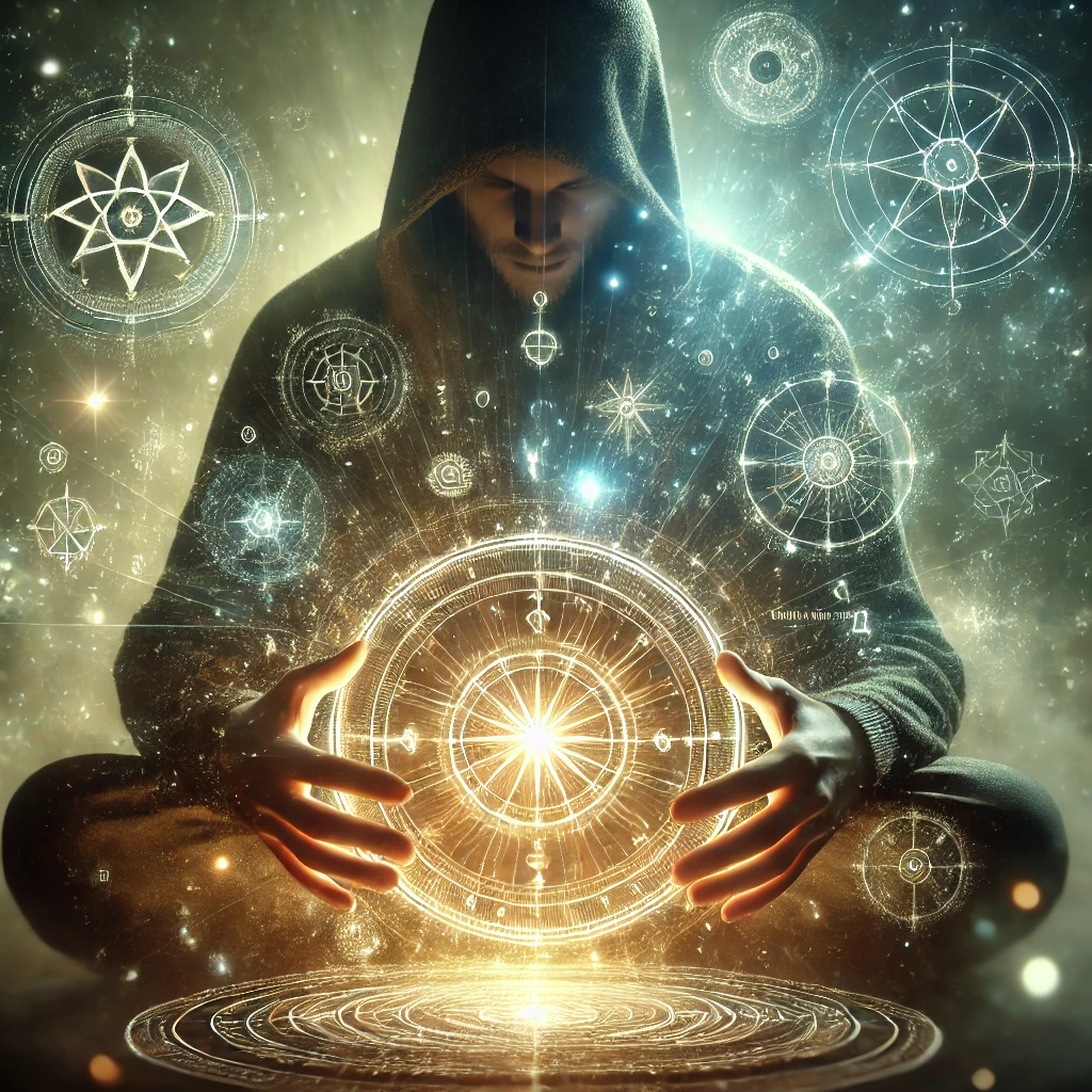 A glowing compass surrounded by floating glyphs, radiating patterns of light and energy