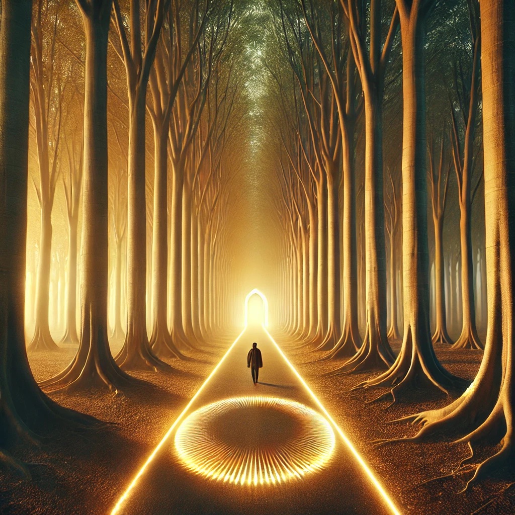 A straight, glowing path leading to an archway of shimmering light in a forest canopy
