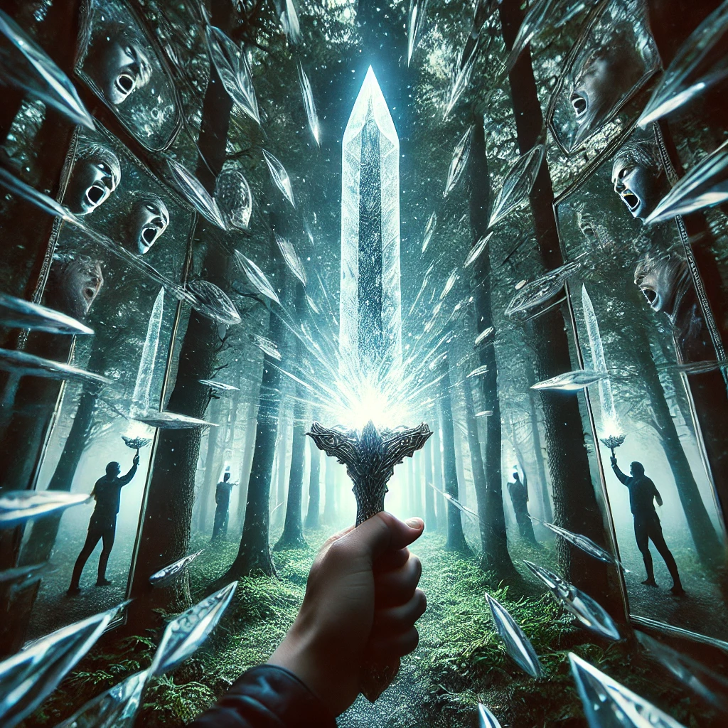 A crystalline dagger glowing faintly with light, surrounded by a hall of mirrors showing different reflections of a figure