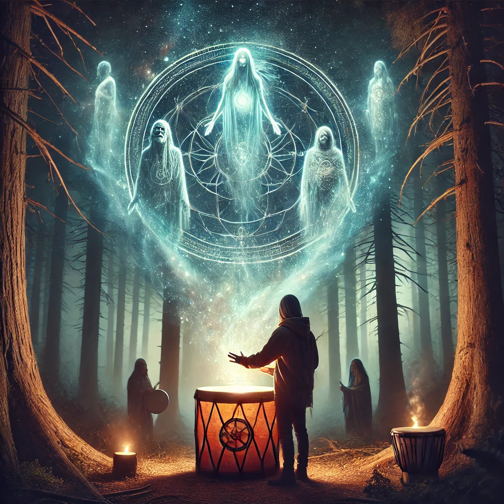 A glowing ceremonial drum surrounded by faintly visible ancestral figures in a mystical forest setting