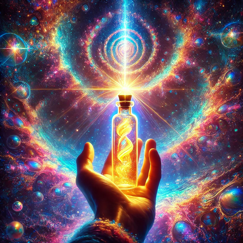 A glowing vial radiating iridescent colors, held by a figure in a mystical setting