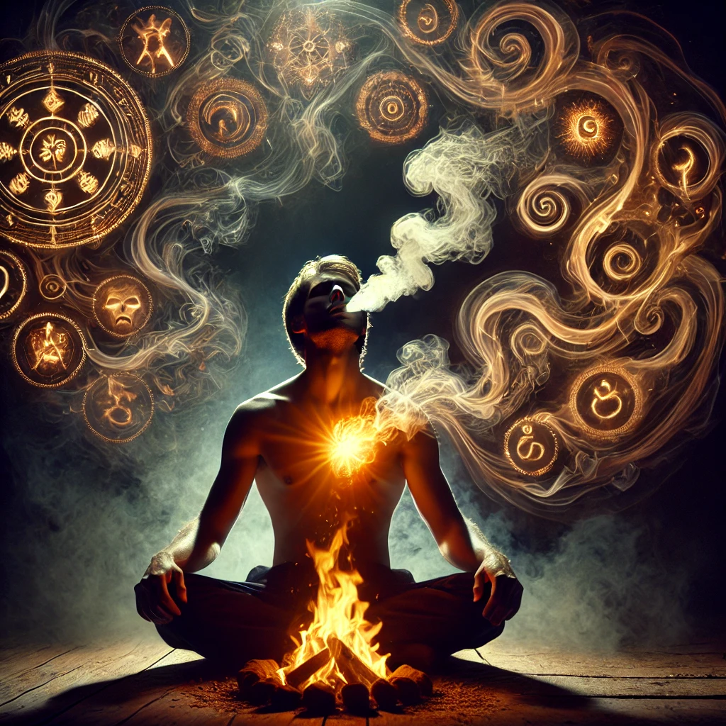 A figure surrounded by swirling smoke and light, dissolving shadows