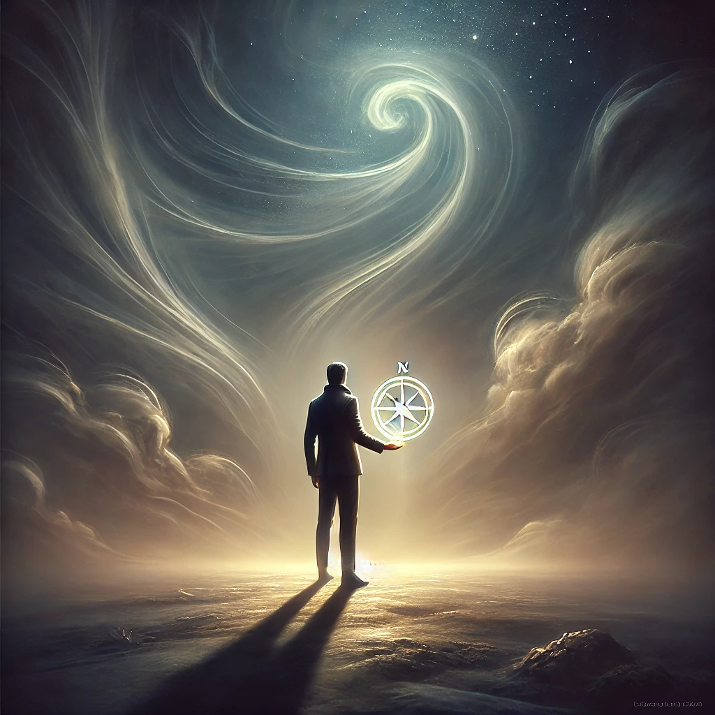 A glowing figure standing in a dark space with shadows dissolving into light