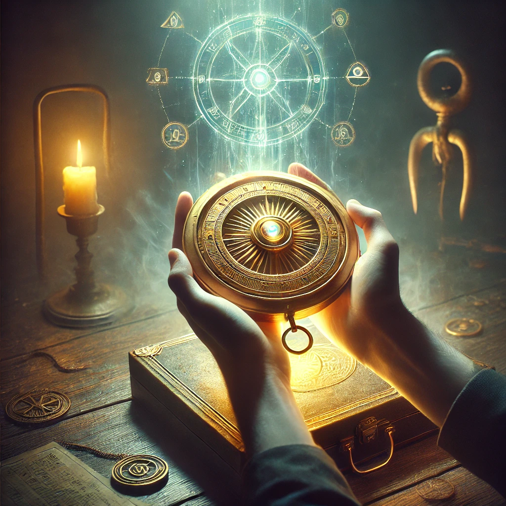 Golden compass with alien glyphs