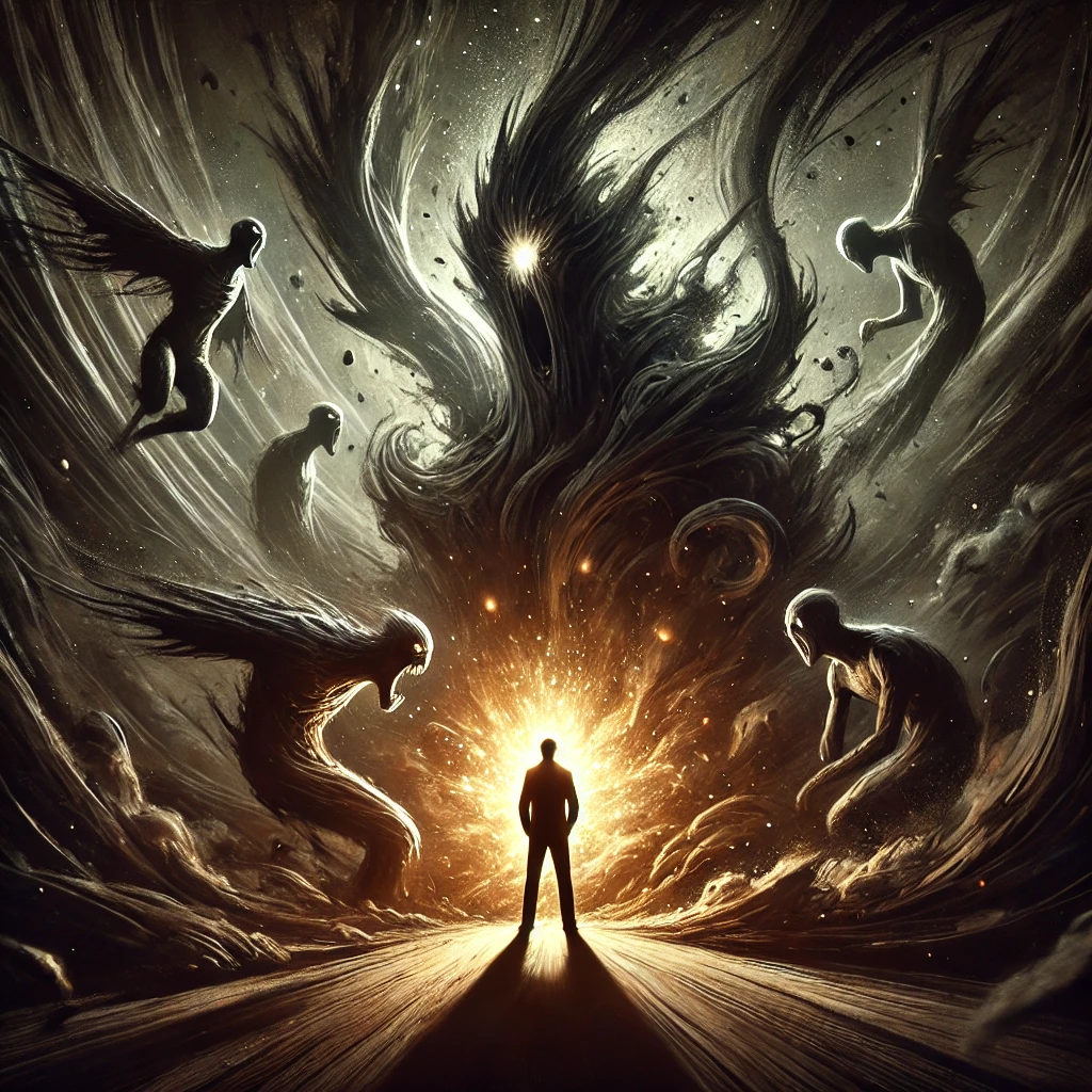 A figure standing against swirling, menacing shadows in a dark void
