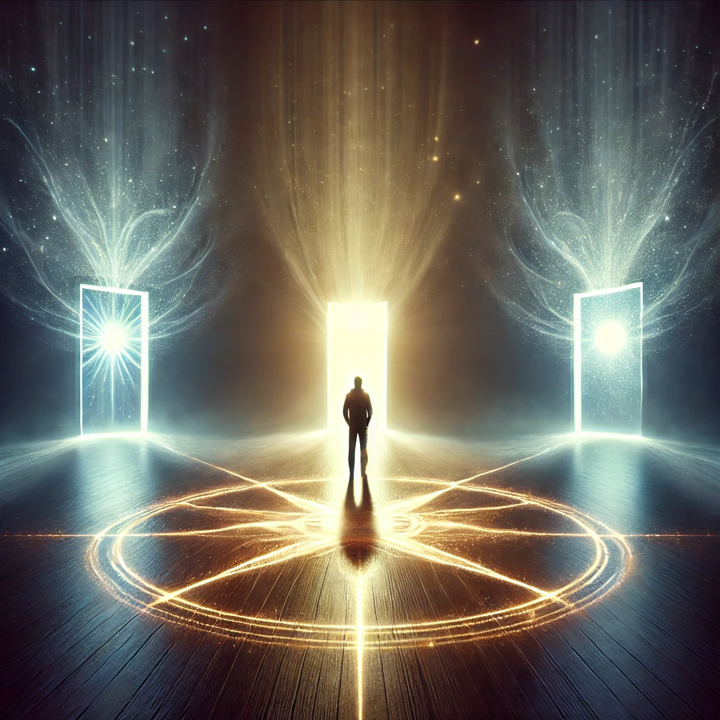 Three glowing doorways in a surreal landscape, each representing a different path to the future