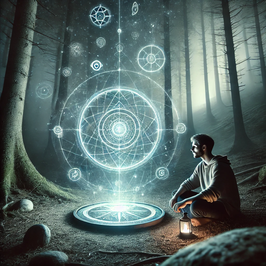 A glowing compass with evolving glyphs surrounded by faint light
