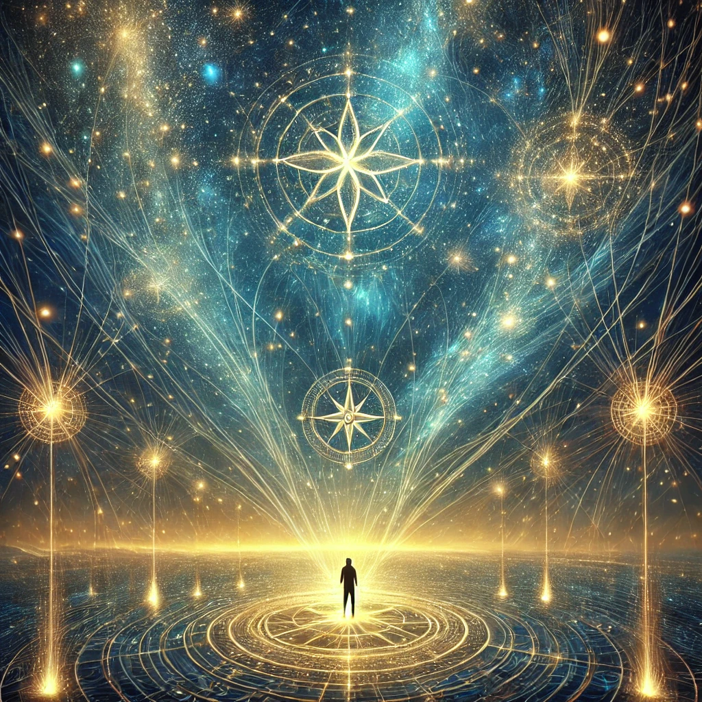 A glowing celestial landscape filled with shifting constellations and threads of light connecting distant stars