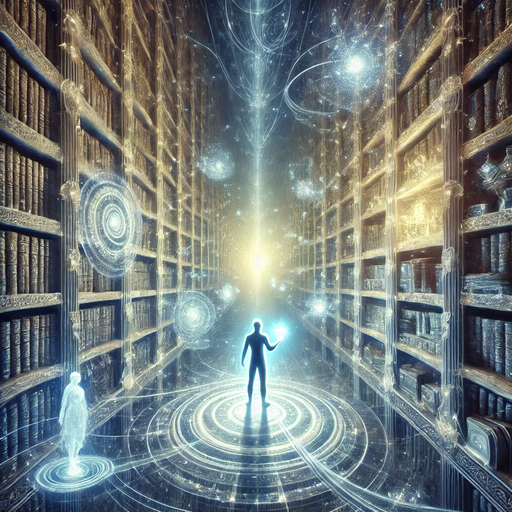 An infinite library filled with glowing books and artifacts, illuminated by ethereal light