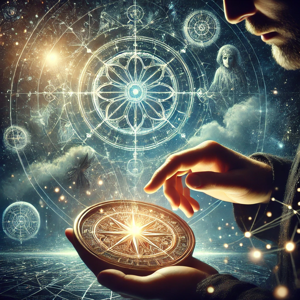 A glowing compass with intricate, shifting glyphs surrounded by an ethereal glow