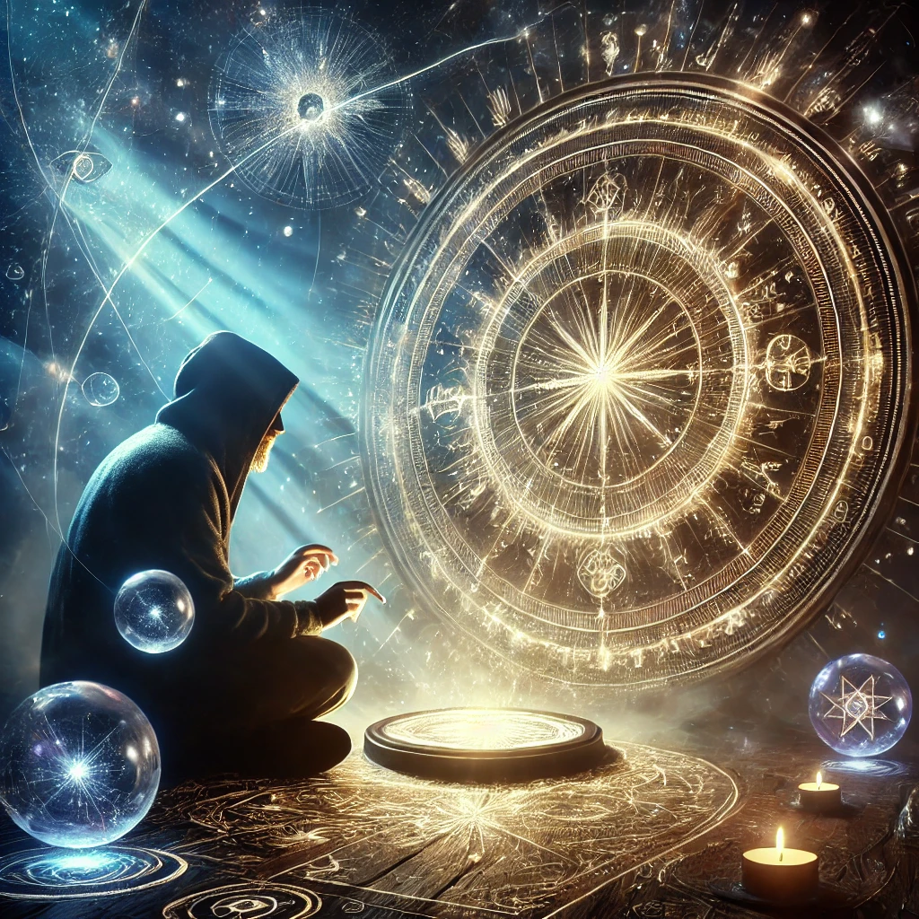 A glowing compass with intricate glyphs emitting threads of light in a dark expanse