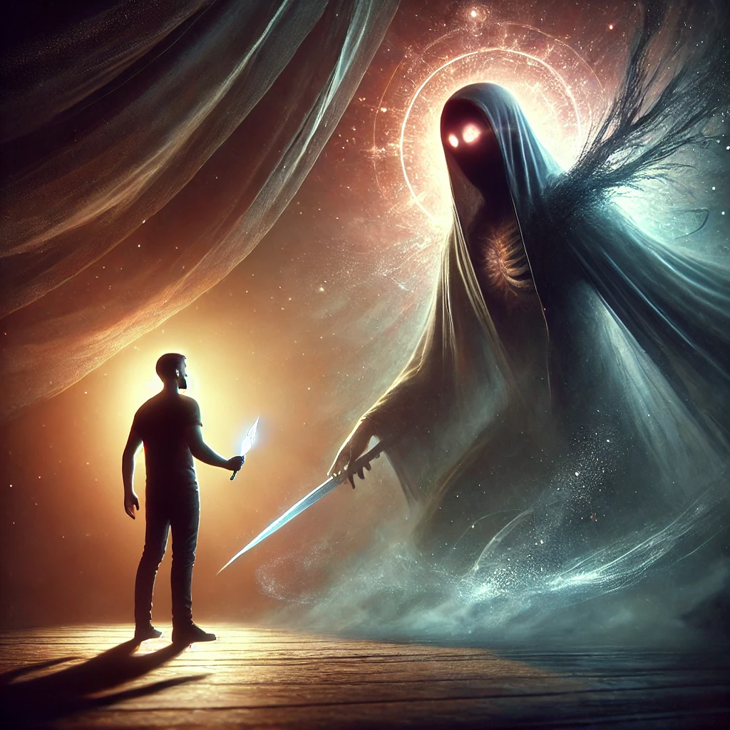 A figure standing before a shadowy being with glowing eyes, surrounded by swirling mist