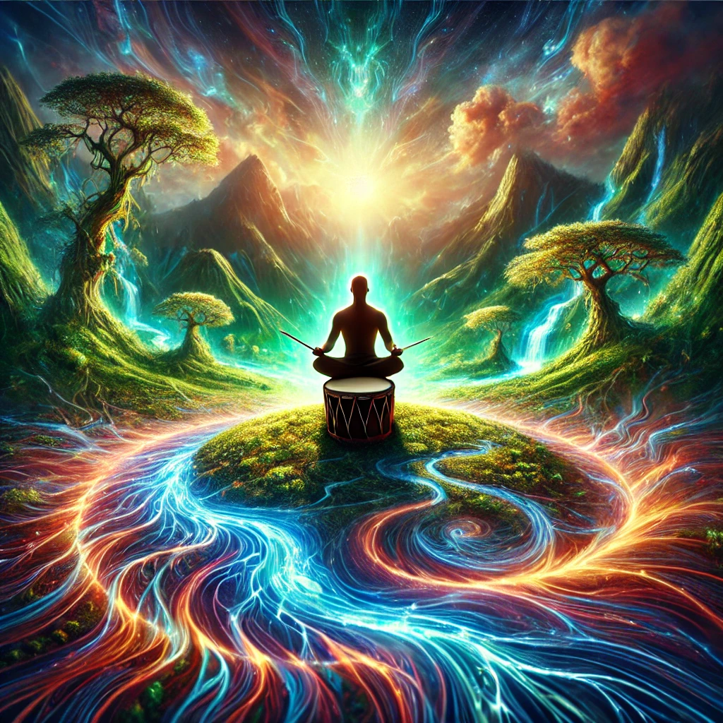 A vibrant landscape of glowing forests and rivers, radiating energy
