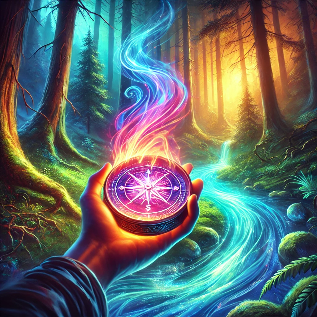 A mystical forest with glowing representations of Earth, Air, Fire, and Water elements in harmony