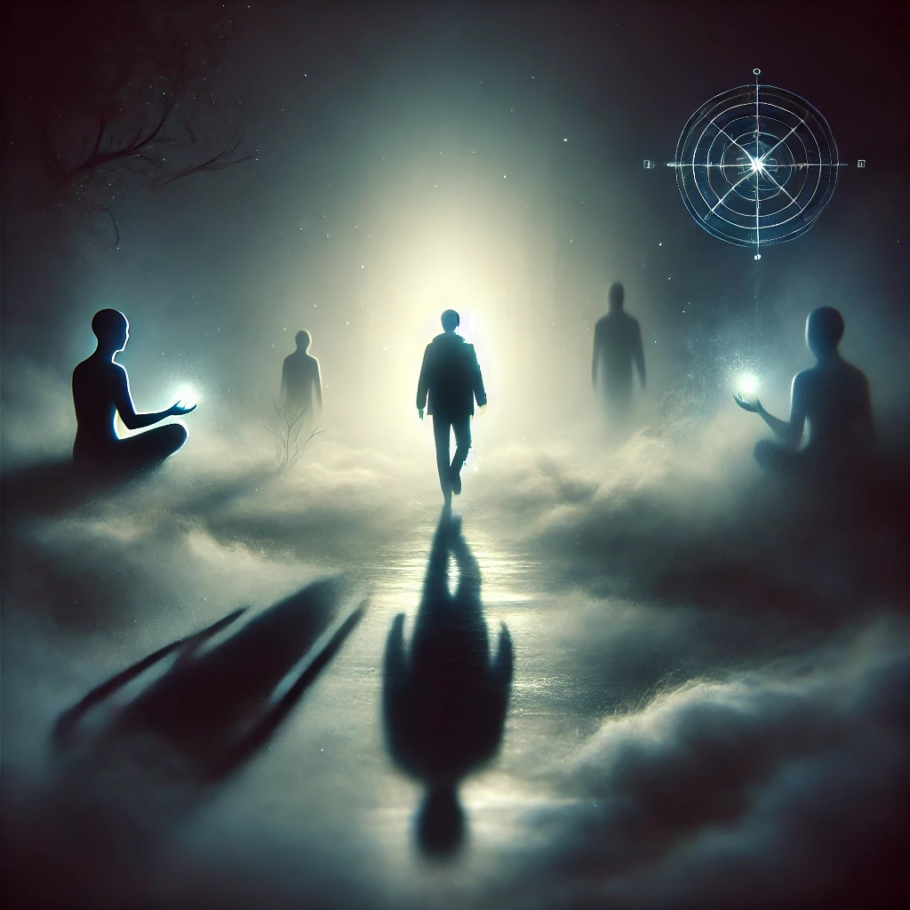 A dark, shadowy path illuminated by a faint, glowing light, surrounded by shifting shapes