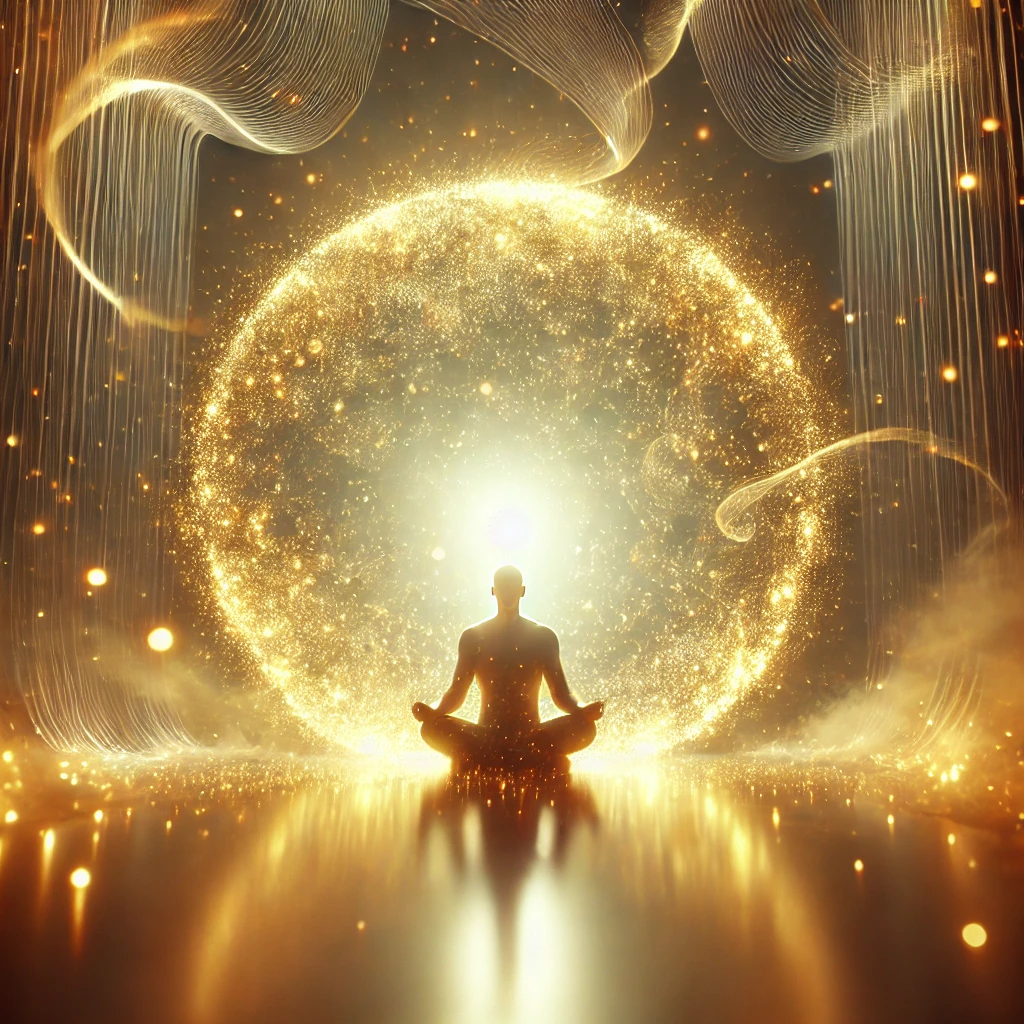 A glowing sphere of golden light enveloping a serene figure