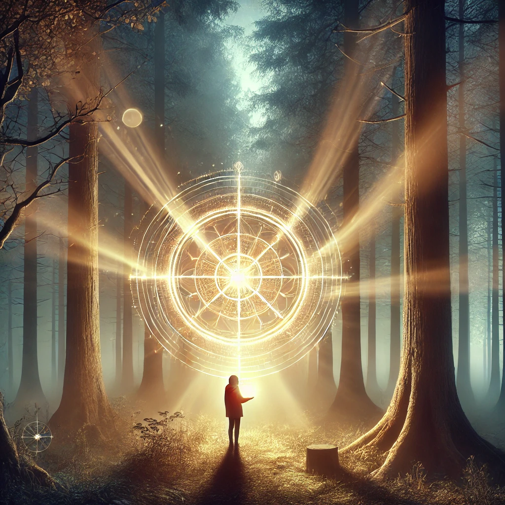 A glowing figure standing in a serene clearing, bathed in pure light