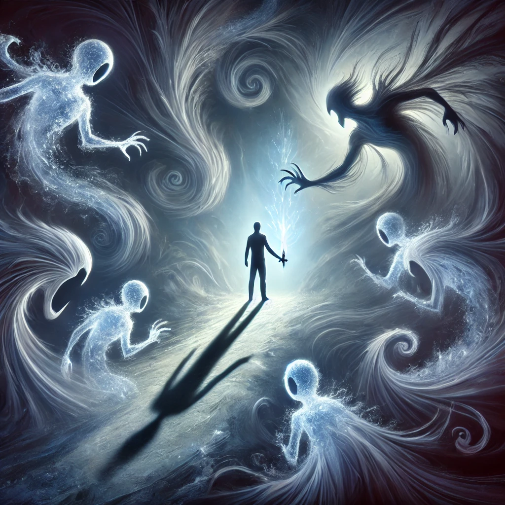 A figure standing in the center of swirling shadows, with light breaking through as they embrace the darkness