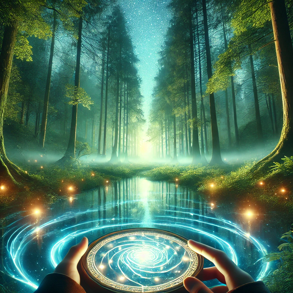 A glowing forest clearing with a reflective pool in the center under ethereal light