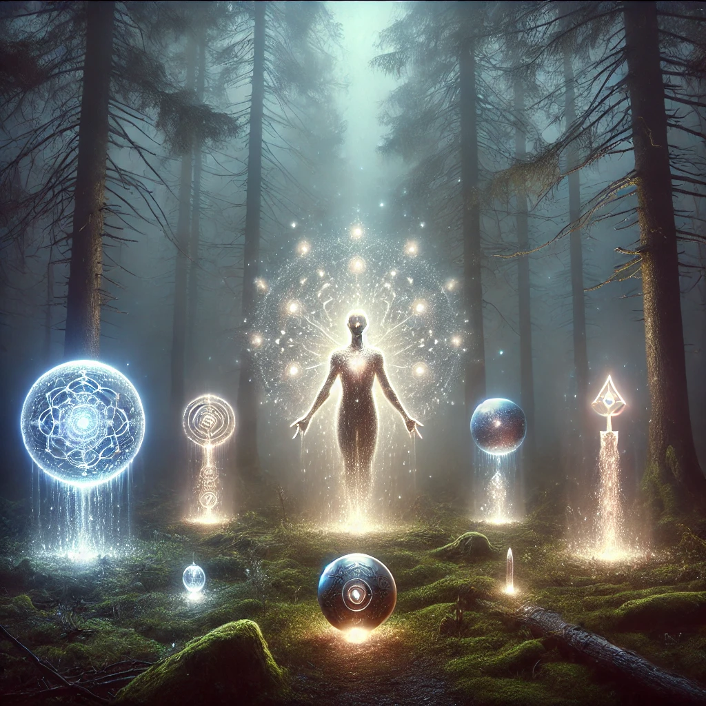 A radiant being made of shimmering light standing in a mystical clearing