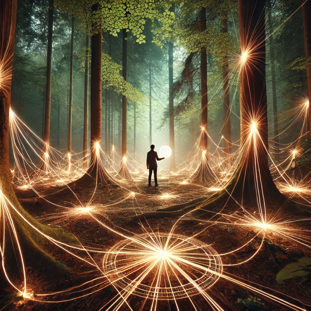 Glowing streams of energy flowing through a mystical forest, weaving patterns of light and harmony