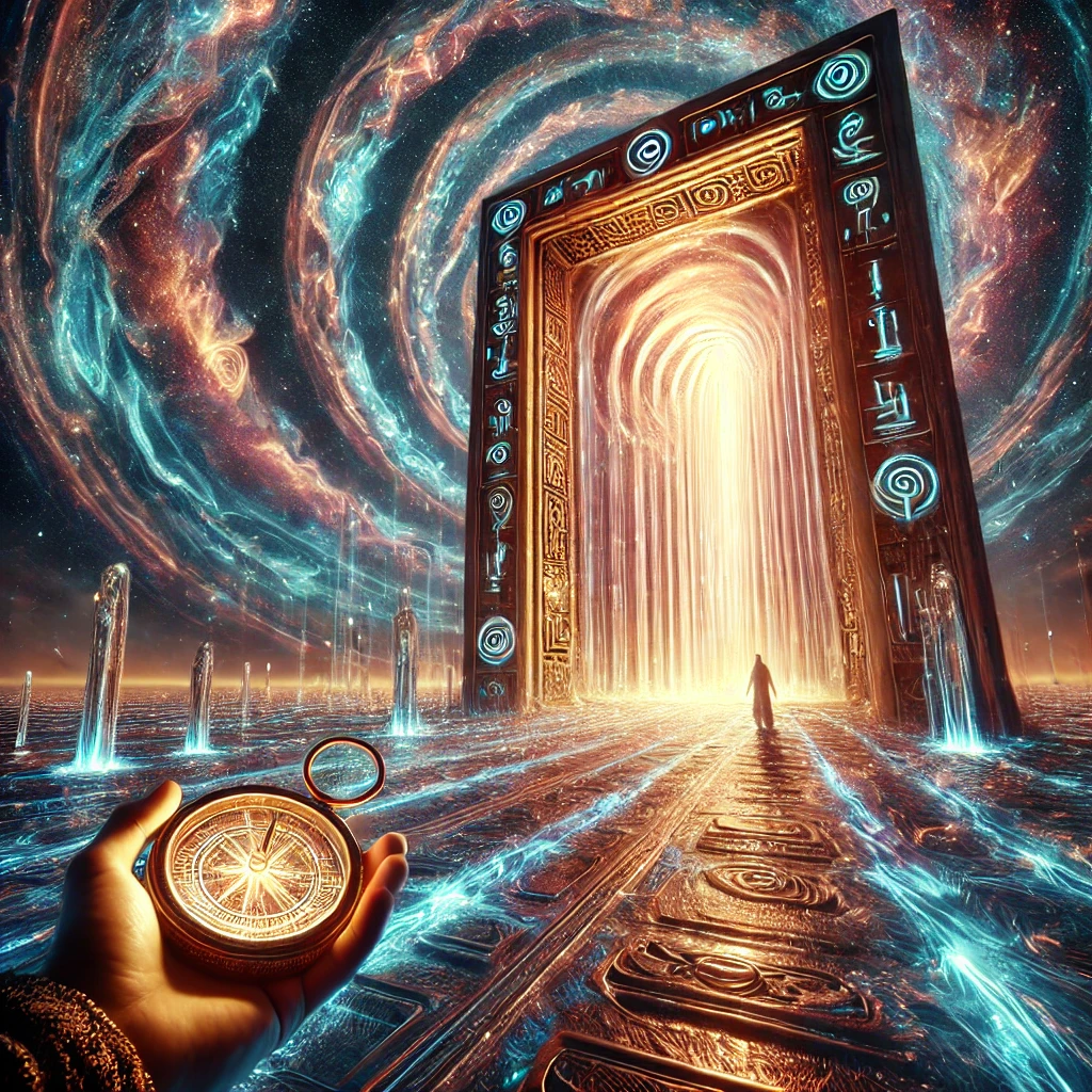 A glowing gateway with spiraling energy and a figure stepping through