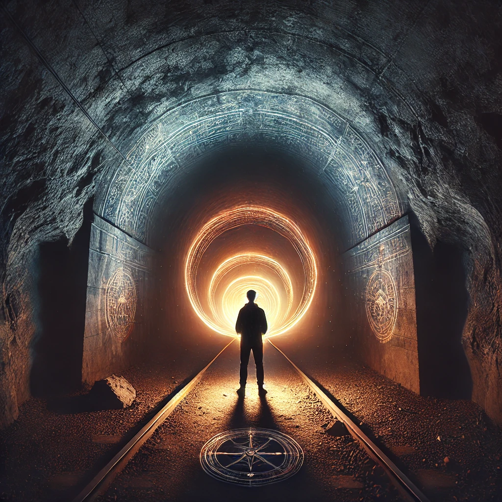 A dark tunnel illuminated faintly by glowing walls, with multiple paths diverging ahead
