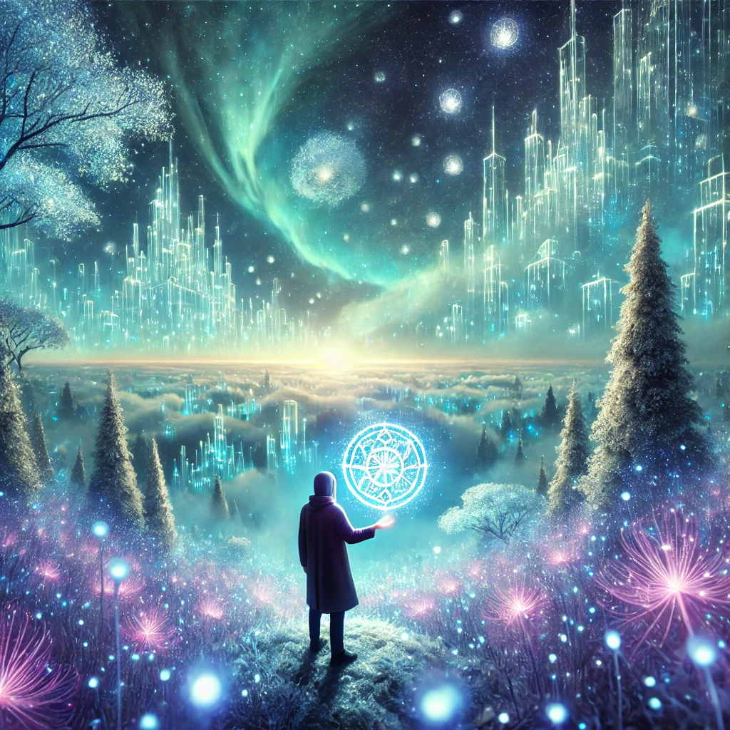 A surreal landscape with floating crystalline cities, glowing forests, and rivers of light