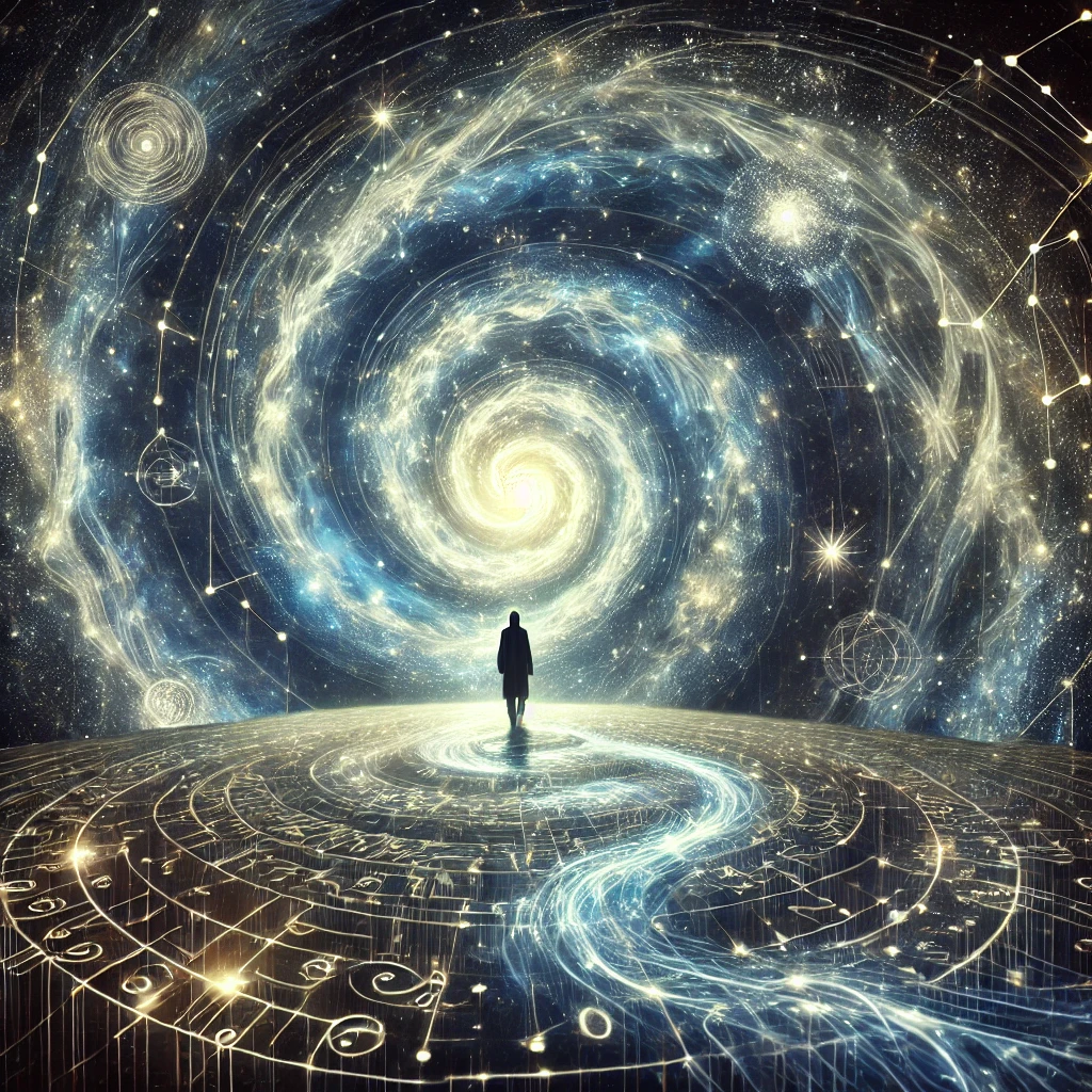 A vast galaxy with swirling stars and cosmic patterns