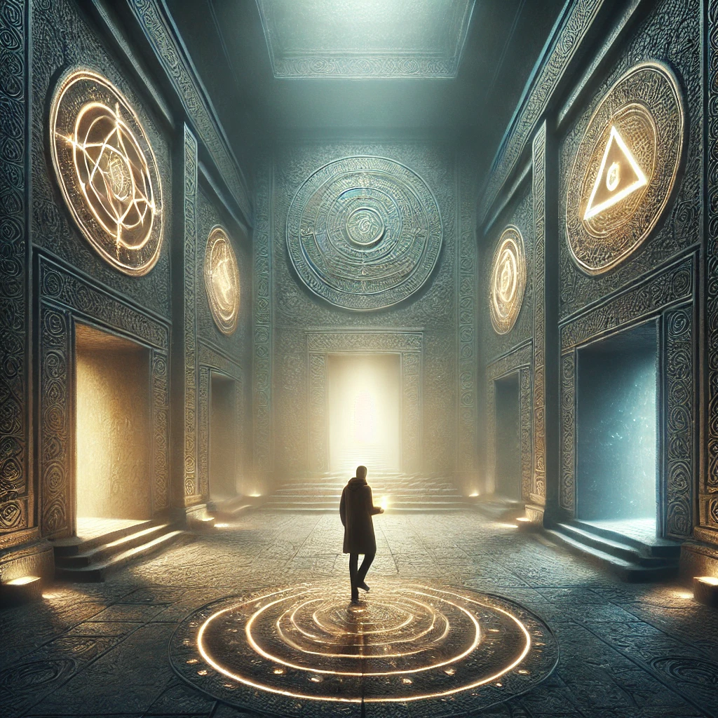 A grand hall with shifting carvings and glowing symbols, illuminated by an ethereal light