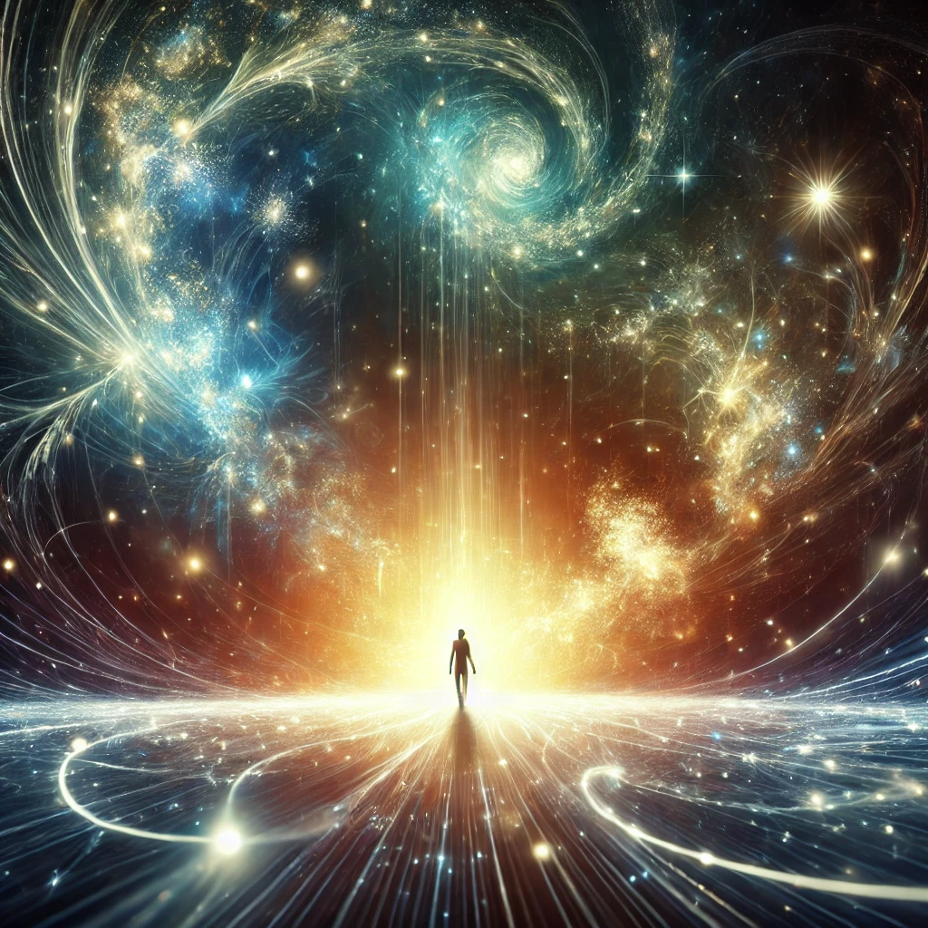 A radiant light surrounded by swirling stars and cosmic threads, pulling you deeper into its source