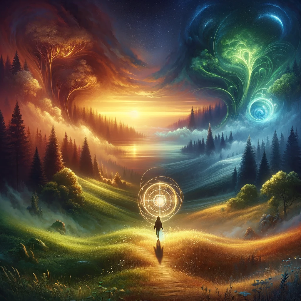 A mysterious landscape shifting between forests, valleys, and open fields under a glowing sky