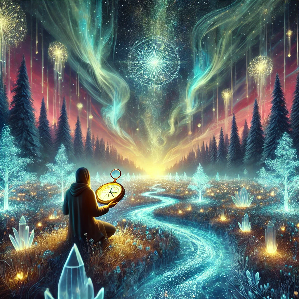 A surreal, glowing landscape with bioluminescent forests and floating crystalline structures under a luminous sky