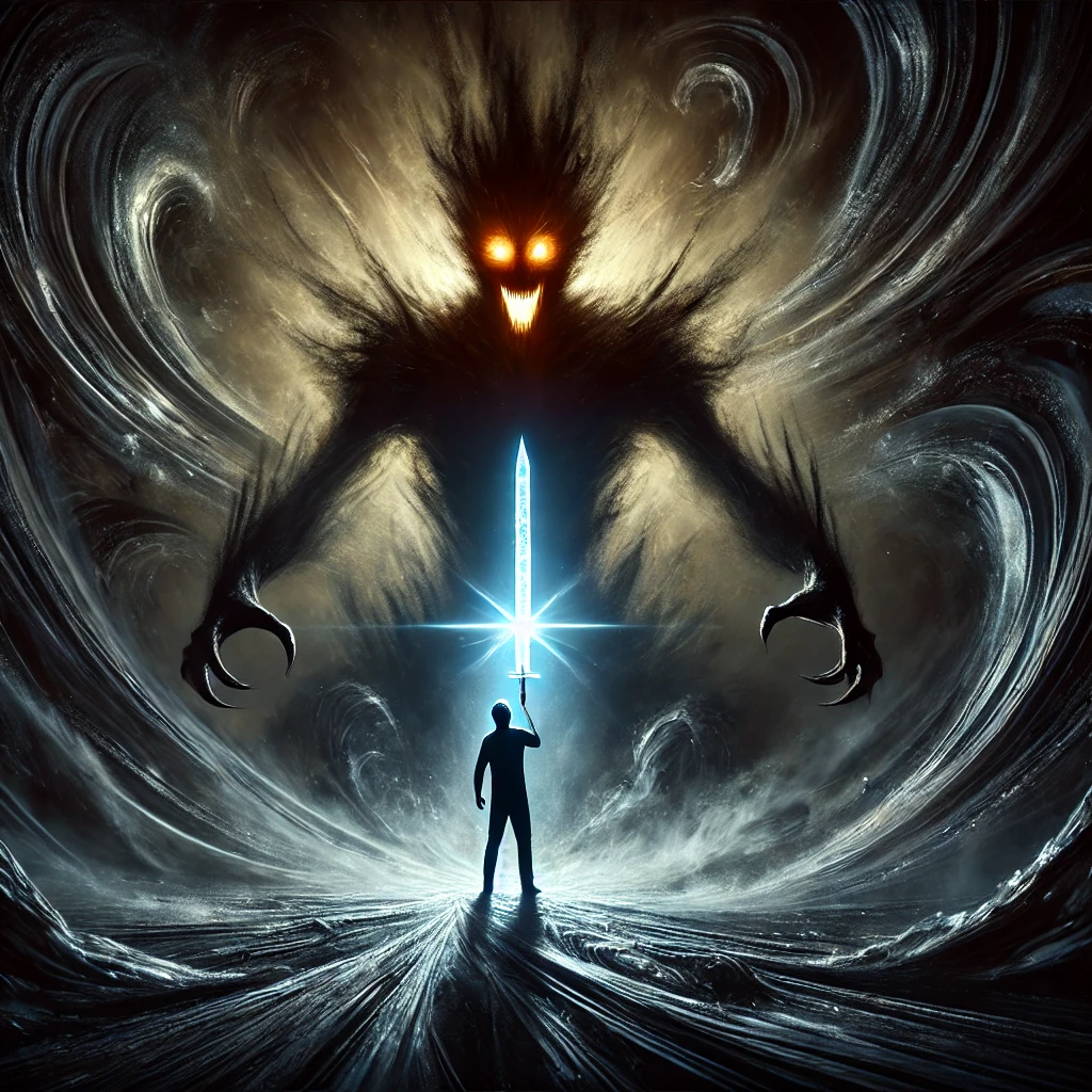 A dark, towering shadow with glowing eyes, surrounded by swirling mist