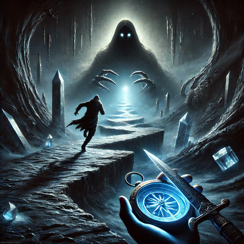 A figure running through a misty forest, chased by dark shadows