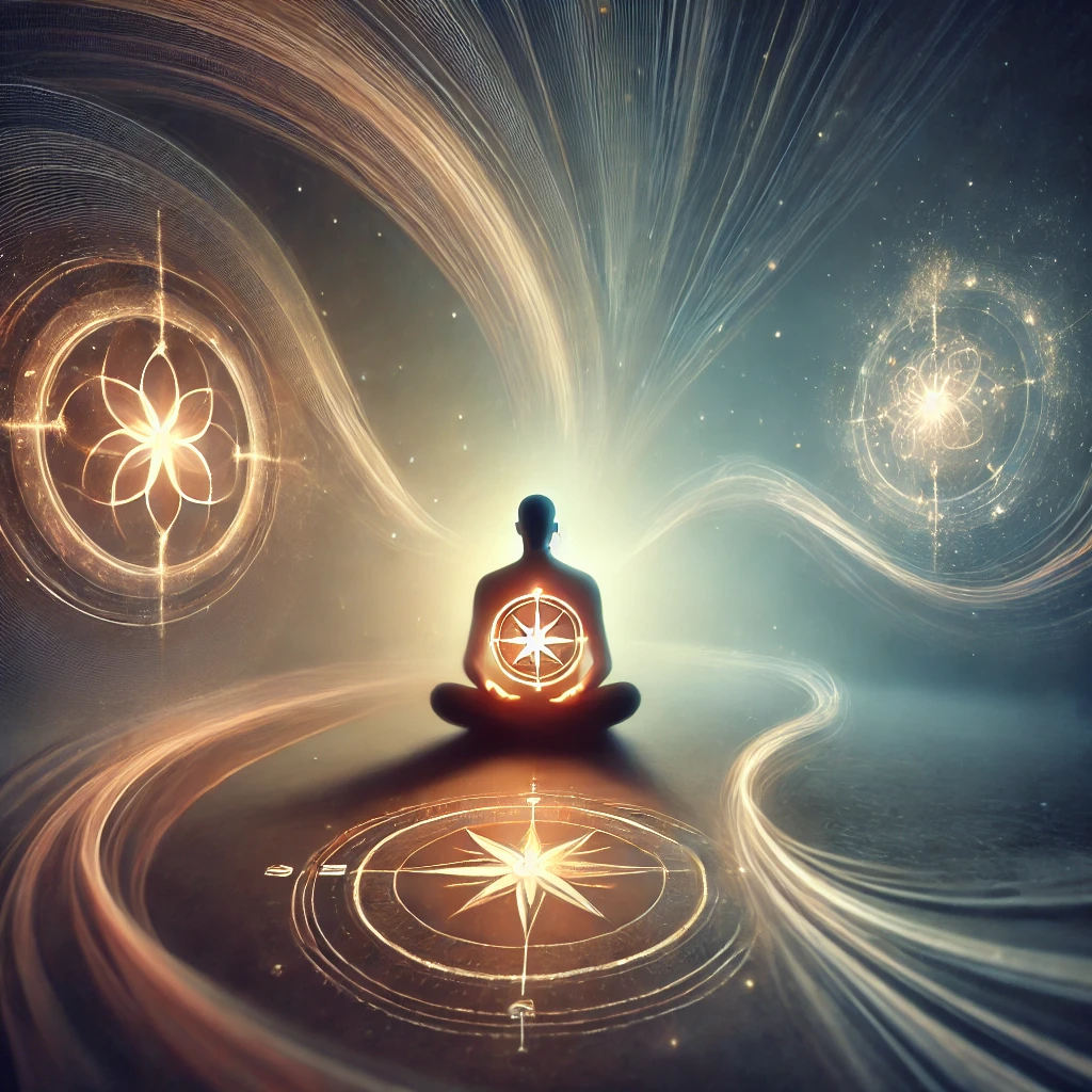 A serene figure meditating, surrounded by glowing fractals and a tranquil atmosphere