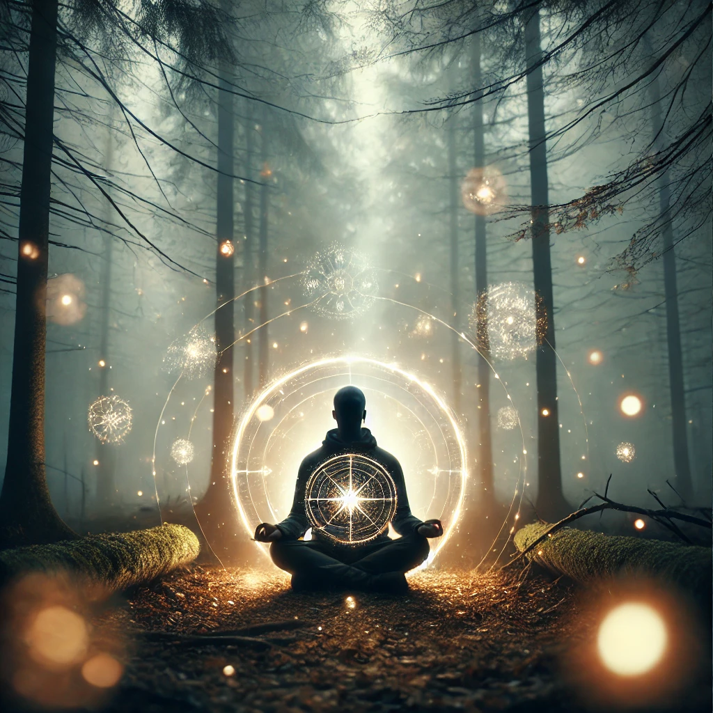 A glowing compass surrounded by fragmented memories swirling in soft light
