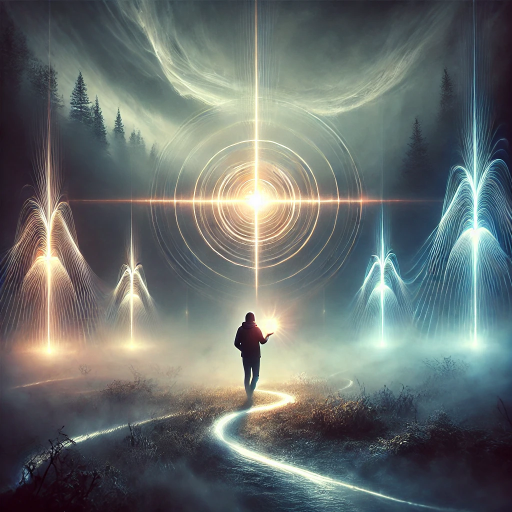A glowing beacon shining through the mist, illuminating three distinct paths forward