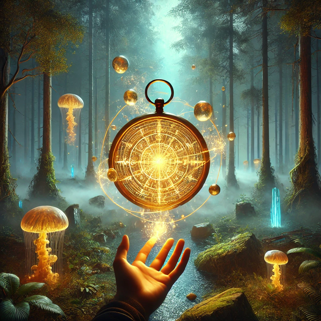 A glowing compass pointing toward three distinct paths illuminated by ethereal light