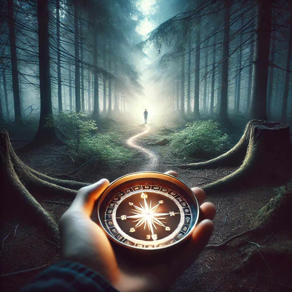 A glowing compass pointing toward a mysterious, faintly lit path through the forest