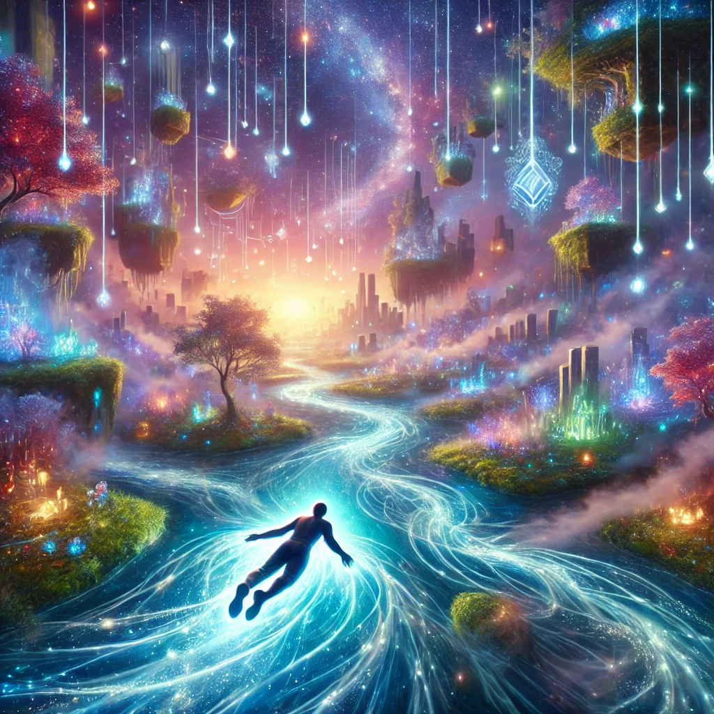 A glowing river of light winding through a surreal dreamscape