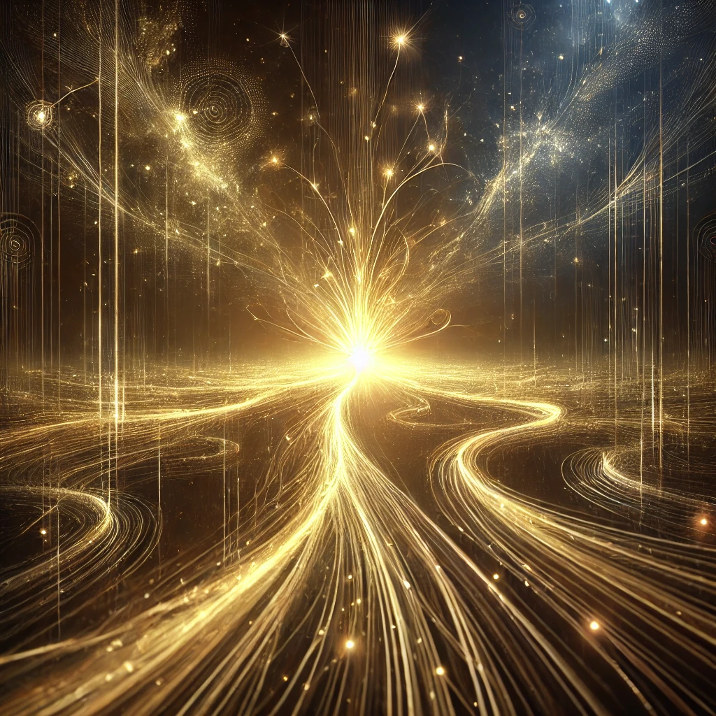 A glowing golden thread weaving through a cosmic expanse, leading to a radiant nexus